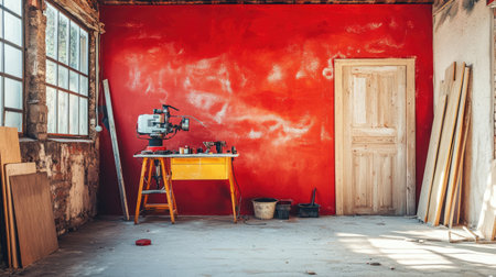 A vibrant workshop featuring a striking red wall, various tools, and wooden planks, bathed in natural light, ideal for creative projects and renovations.の素材
