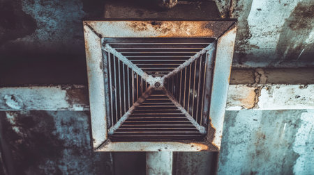 A close-up view of a rusty vent cover on a weathered ceiling captures the essence of urban decay. The image highlights the industrial charm and hidden textures of abandoned spaces.の素材