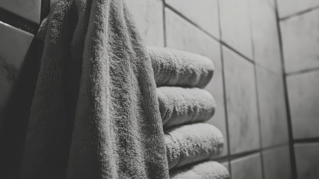 A close-up of soft gray towels neatly arranged in a modern bathroom, showcasing elegant tile work and a relaxing atmosphere. Perfect for hygiene and decor.の素材