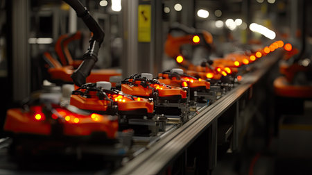 This image showcases a modern manufacturing setup featuring an advanced robotic assembly line. The vibrant LED lights signify active machinery, highlighting automation and innovation in industry.の素材