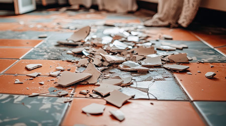 This image showcases a chaotic scene of broken pottery pieces strewn across a colorful tiled floor, illuminated by natural light, highlighting the aftermath of an accidental breakage.の素材