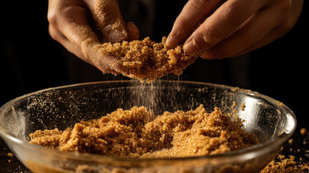 A close-up image captures hands expertly sprinkling brown sugar over a bowl filled with sweet ingredients. The soft light enhances the texture and warmth of the scene, perfect for cooking and baking themes.の素材