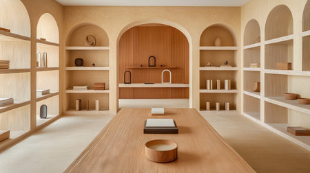 A tranquil minimalist interior featuring warm wood tones and natural elements that create an inviting and serene atmosphere in modern design spaces.の素材
