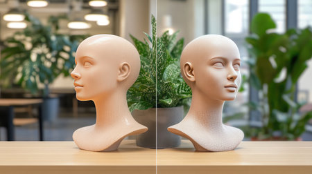 Two realistic mannequin heads are positioned on a wooden surface, highlighting human features against a backdrop of lush greenery in a stylish setting.の素材