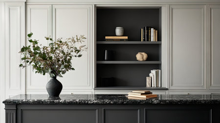 A refined kitchen scene showcasing dark cabinets and stylish shelving with books and vases, highlighting modern aesthetics and elegant decor.の素材