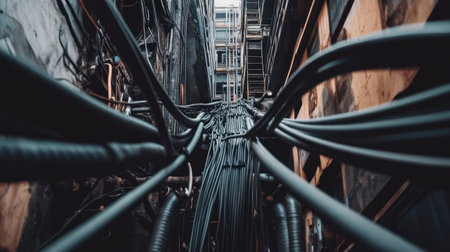 This striking image features an intricate arrangement of cables and wires captured from a unique perspective in an urban environment, highlighting industrial complexity.の素材