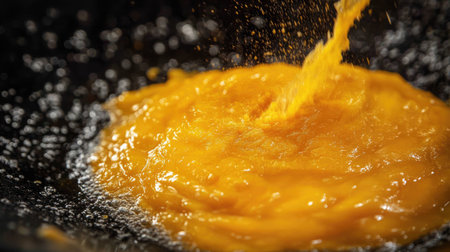 A dynamic capture of vibrant egg yolk splashing in a dark pan, showcasing the cooking process with rich colors and engaging textures.の素材