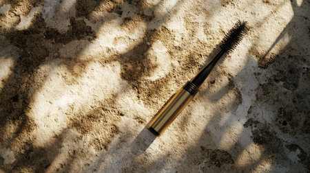 A beautifully styled image featuring a sleek mascara tube placed on a sandy background. Unique shadow patterns create a stunning visual effect, perfect for beauty promotions.の素材