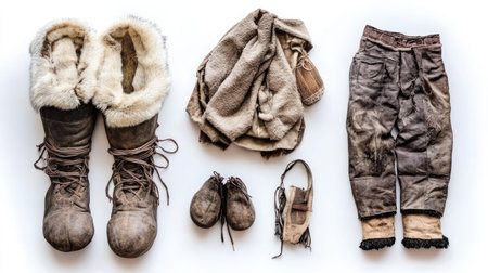 A collection of traditional winter clothing including fur-lined boots, soft garments, and durable pants, designed for warmth and comfort in cold weather.の素材