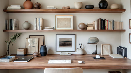 This image showcases a serene minimalist workspace featuring warm wooden shelves, elegant decor pieces, and a stylish desk setup, perfect for inspiration.の素材