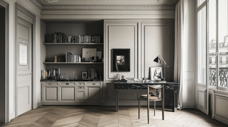 This elegant modern workspace features a minimalist decor with large windows allowing natural light and a view, creating a sophisticated atmosphere for productivity.の素材