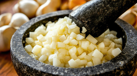 A close-up view of freshly diced garlic in a stone mortar, surrounded by mushrooms and nuts, showcasing a rustic culinary atmosphere and kitchen inspiration.の素材