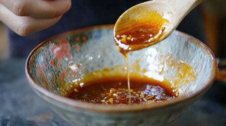 A closeup image captures a wooden spoon dripping with homemade sauce into a beautifully decorated bowl, showcasing vibrant textures and warm lighting.の素材