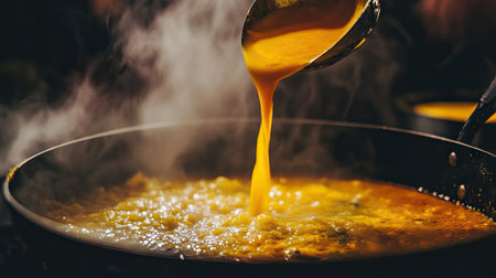A vibrant scene capturing the moment a ladle pours rich yellow soup into a steaming pot. This inviting image showcases the warmth of homemade cooking.の素材