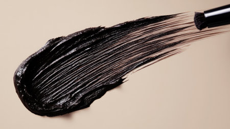 A close-up image of a black stroke made with a makeup brush on a smooth neutral background, showcasing artistic flair and beauty potential in cosmetics.の素材
