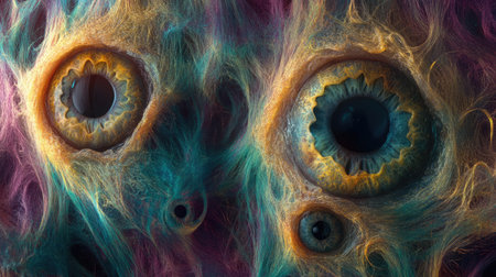 This visually striking artwork features intricate, colorful eye-like forms intertwined within mesmerizing swirling patterns, evoking a sense of depth and imagination.の素材