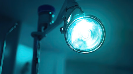 A close-up image of a bright surgical light in a modern operating room, showcasing advanced healthcare technology in a clean and sterile environment.の素材