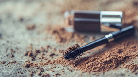 Elegant flat lay of mascara and loose powder arranged on a natural surface, showcasing makeup artistry and beauty essentials for application.の素材