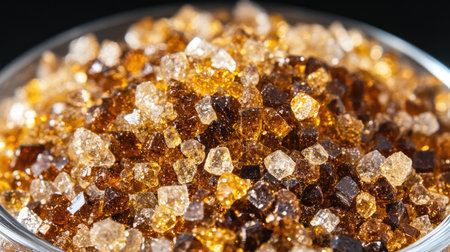 This image features a shimmering pile of brown sugar crystals inside a glass bowl, displaying a captivating array of textures and rich hues. Ideal for food-related projects.の素材