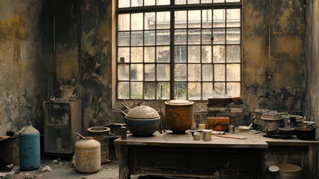 This image captures an abandoned workshop filled with vintage equipment and tools, illuminated by soft natural light from large windows, showcasing decay and nostalgia.の素材