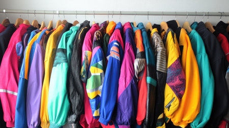A vibrant array of vintage jackets hanging neatly on a clothing rack in a fashion store. Each piece features unique designs and colors, showcasing a playful style ideal for casual wear.の素材