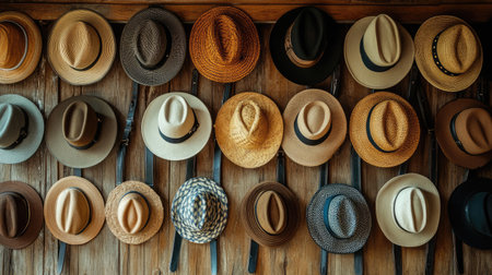 A visually appealing arrangement of hats hanging on a rustic wooden wall, showcasing a variety of styles, textures, and colors that inspire fashion and creativity.の素材