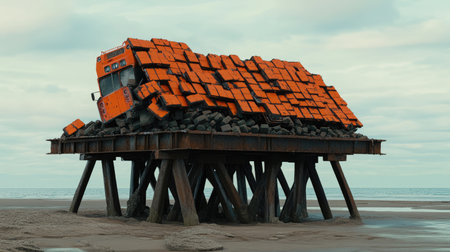 This captivating image showcases an abandoned truck atop a wooden platform on a beach, featuring a striking orange cargo design against a cloudy sky.の素材