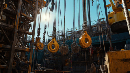 A vibrant construction site showcases heavy equipment and pulleys under bright sunlight, highlighting industrial processes and urban development.の素材