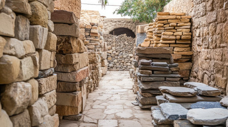 This image captures a narrow stone pathway flanked by neatly stacked natural stones in a historical quarry. The warm light adds depth, highlighting textures and inviting exploration.の素材