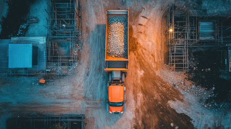 This aerial image showcases a construction site with a dump truck transporting gravel, surrounded by heavy machinery and structures, capturing urban development in progress.の素材