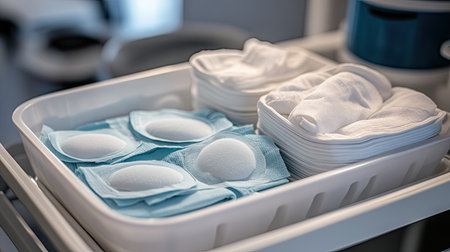 A sterile tray displays an organized arrangement of medical supplies, including cotton pads and gauze, illustrating essential healthcare preparations.の素材