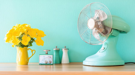 A charming arrangement featuring a vintage fan beside a vase of bright yellow flowers on a wooden table against a teal wall, conveying freshness and nostalgia.の素材
