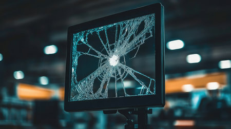 A close-up of a broken screen positioned on a stand, showcasing intricate cracks set against a softly blurred retail environment in the background.の素材