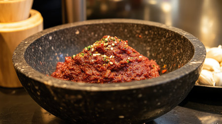 A vibrant and flavorful spicy red chili paste displayed in a traditional stone bowl, garnished with chopped green onions, perfect for enhancing dishes.の素材