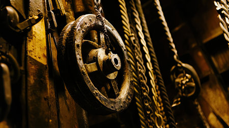 Close-up view of an industrial machinery part, showcasing a gear wheel surrounded by chains in a dimly lit workshop atmosphere, emphasizing mechanical beauty.の素材