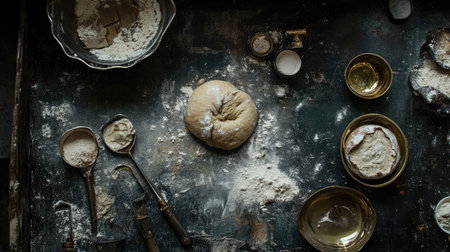 A rustic kitchen scene featuring a dough ball at the center, surrounded by flour, baking tools, and natural kitchen accessories, illustrating the art of baking.の素材