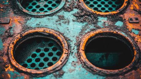 This close-up image showcases a rusty metal surface featuring circular openings and a unique texture, combining vibrant turquoise and orange colors.の素材