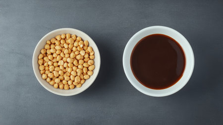 This stock photo showcases two bowls, one filled with raw chickpeas and the other with a rich dark sauce, set against a dark gray background. Perfect for culinary use.の素材