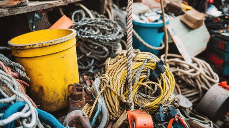 A vibrant collection of ropes, cords, and buckets in a maritime workspace, reflecting the essence of a bustling dock environment filled with marine tools.の素材