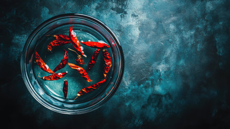 This captivating image features vibrant dry red chili peppers soaking in clear water within a glass bowl, set against an artistic blue textured background.の素材