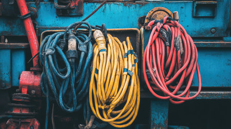 This image showcases colorful electric cables and hoses neatly arranged against a weathered industrial backdrop, perfect for projects focusing on maintenance and tools.の素材