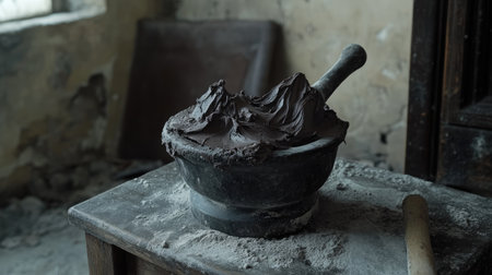 A bowl filled with a rich dark chocolate mixture sits on a rustic wooden table in an abandoned room, showcasing the beauty of culinary artistry amidst decay.の素材