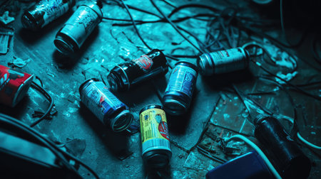 An artistic shot of discarded beverage cans scattered on a cluttered floor, illuminated by soft blue lighting, surrounded by tangled wires.の素材