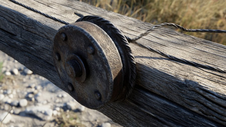 A striking close-up of a metal pulley resting on a weathered wooden beam, showcasing rustic charm and intricate details. Perfect for industrial or nature themes.の素材