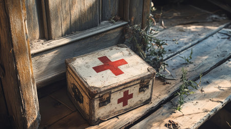 This image captures a vintage medical kit with a red cross, resting on a wooden floor beside a doorway. Natural light highlights its rustic charm and surrounding greenery.の素材