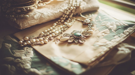 An exquisite arrangement of elegant jewelry featuring pearl necklaces and a decorative fabric backdrop, showcasing timeless beauty and craftsmanship.の素材