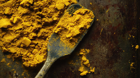 A close-up view of golden turmeric powder on a rustic metal surface, complemented by a wooden spoon, showcasing the vibrant color and texture of this versatile spice used in various cuisines.の素材