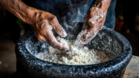 Close-up of hands effortlessly kneading flour in a stone bowl, capturing the essence of traditional cooking and the art of food preparation in a rustic setting.の素材