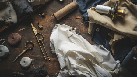A richly detailed scene showcasing essential tailoring tools, including fabric, thread, scissors, and sewing supplies, evoking a sense of craftsmanship.の素材