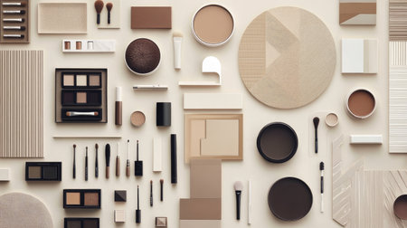This image showcases a beautiful and organized collection of makeup tools and products arranged in neutral tones, ideal for beauty and fashion contexts.の素材